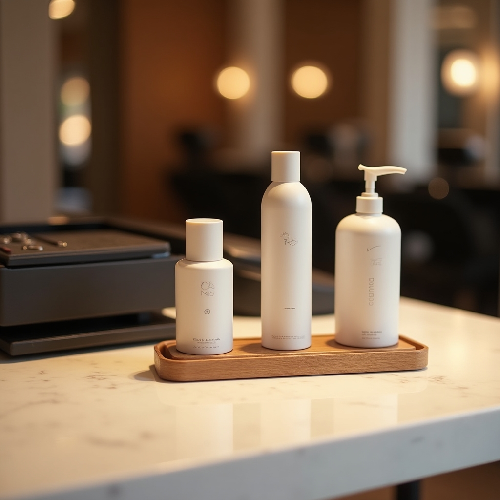 Pflegeprodukte an der Kasse eines Friseursalons ansprechend präsentiert